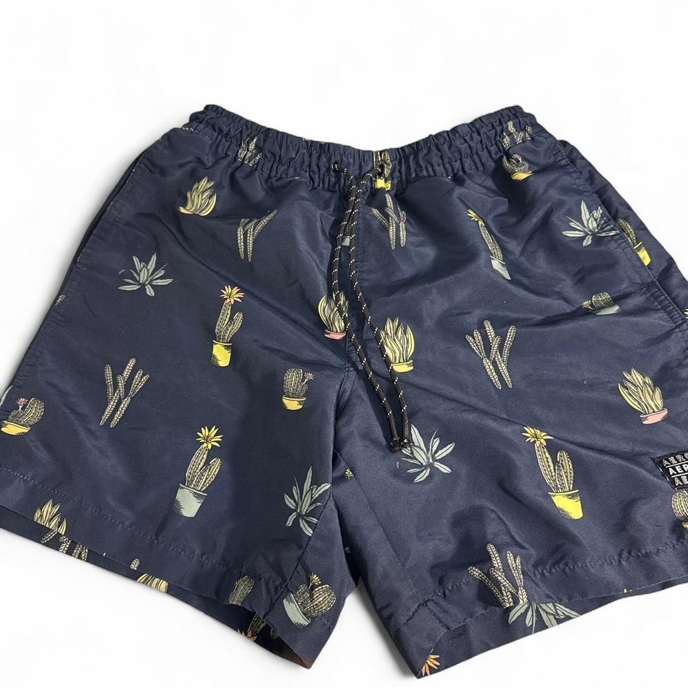 Aeropostale Mens XS Navy Blue Cactus Print Swim Trunks Drawstring Mesh Lined